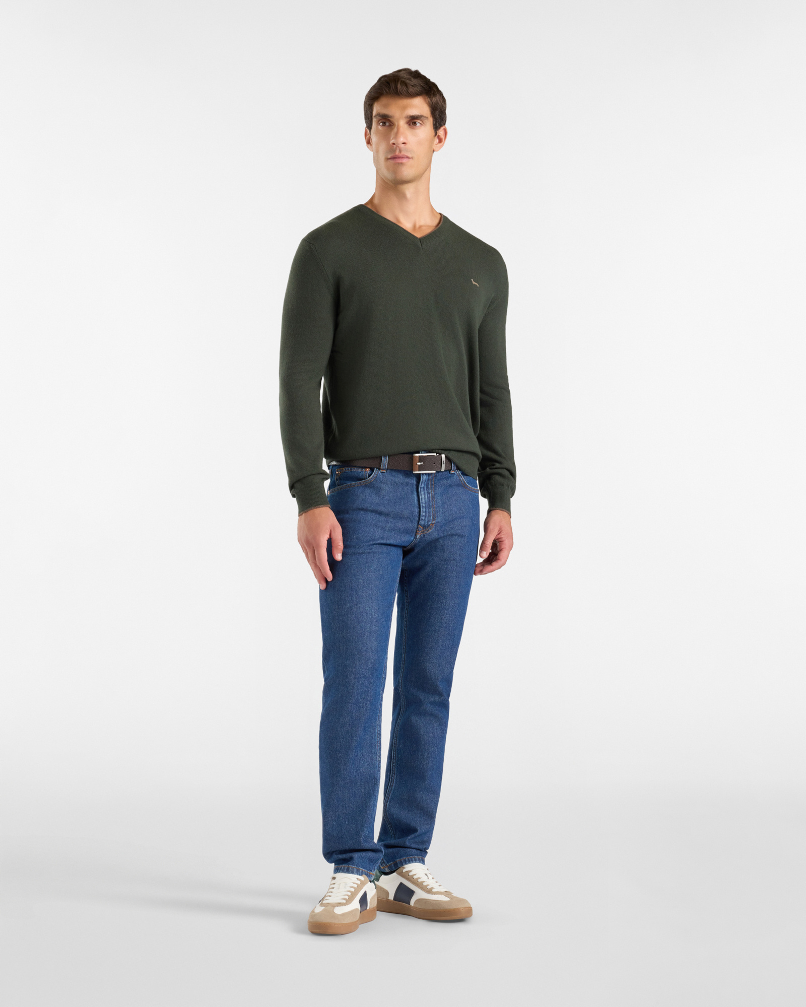Maglia Uomo con scollo a V in misto lana e cashmere  Regular Fit, VERDE SPORT, large