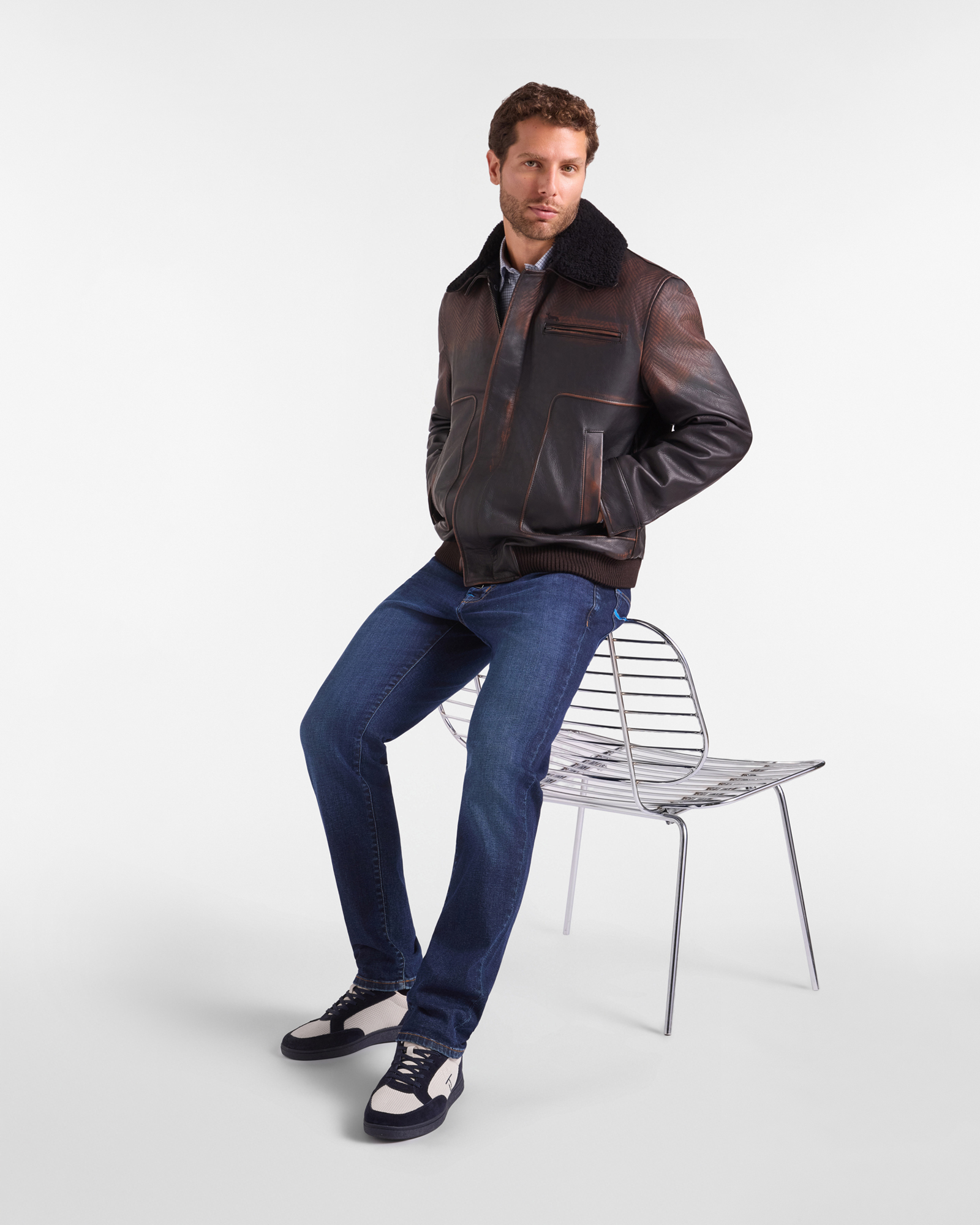 Bomber uomo in pelle stampato con collo montone, MARRONE SCURO, large