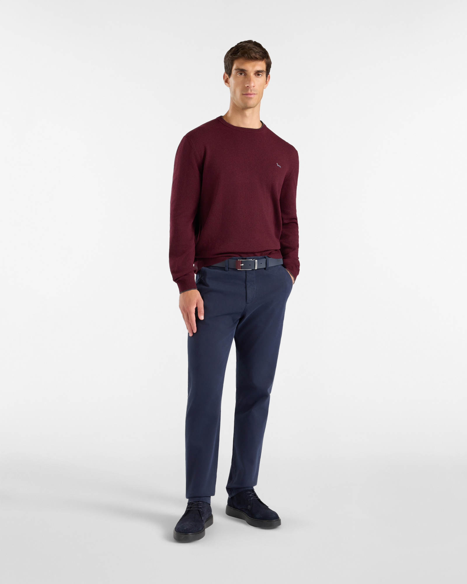 Maglia Uomo girocollo con riga contrasto in misto lana e cashmere grigio Regular Fit, BORDEAUX, large
