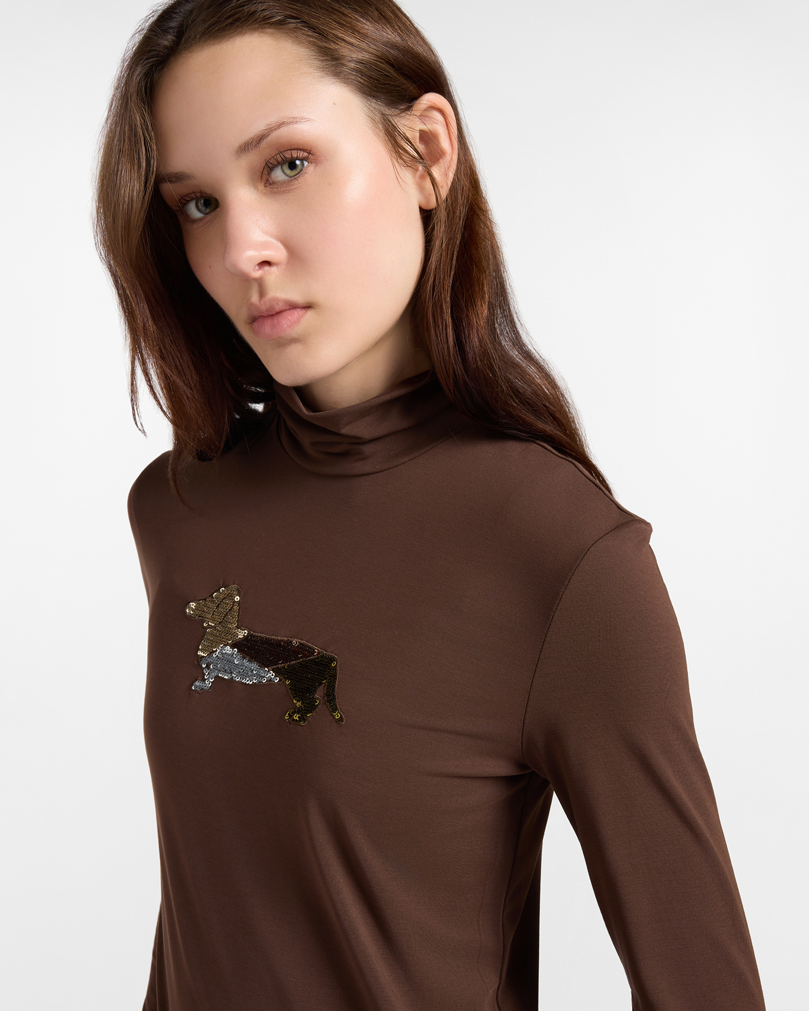 T-shirt Donna Dolcevita in Modal Stretch con Bassotto in Paillettes, MARRONE SCURO, large