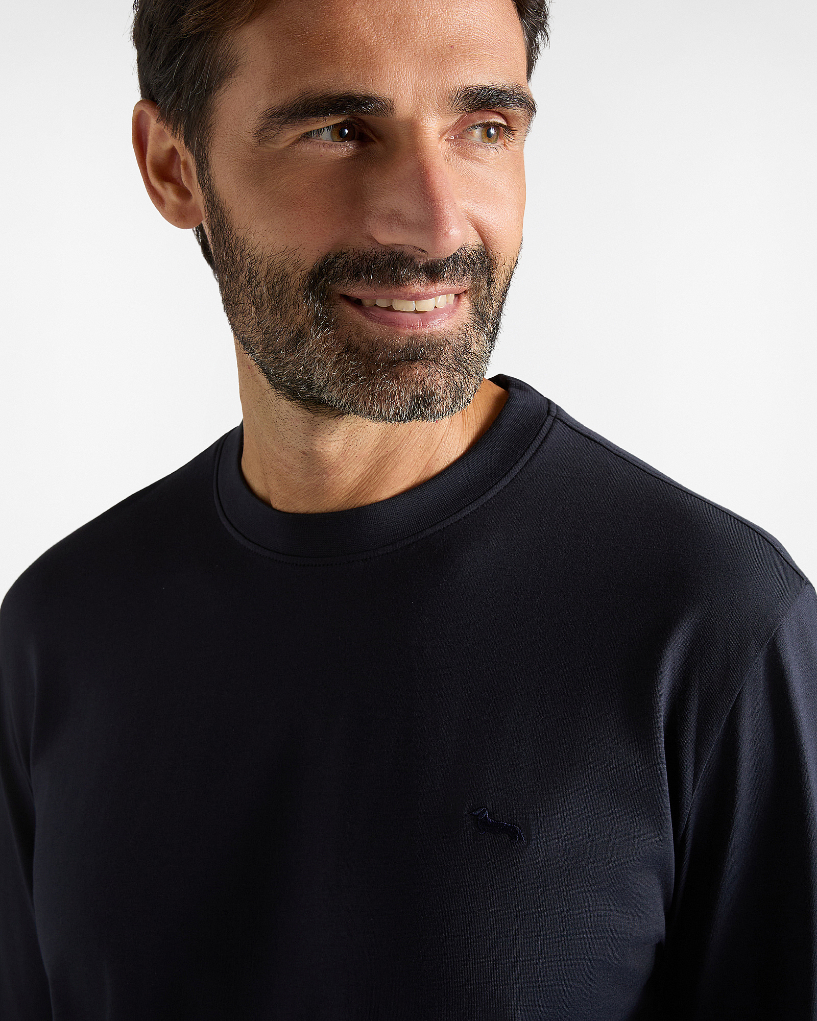 T-shirt Uomo manica lunga in puro cotone jersey con Bassotto a contrasto, BLU NAVY, large