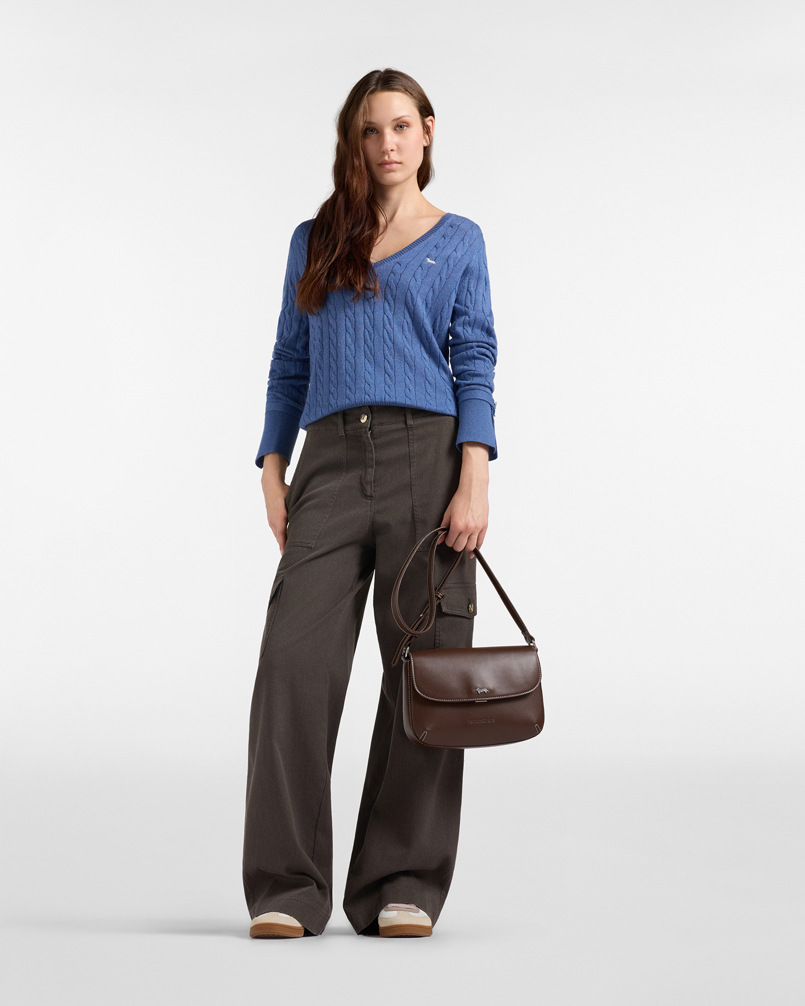 Pantalone Cargo Donna in cotone stretch vita alta, MARRONE SCURO, large
