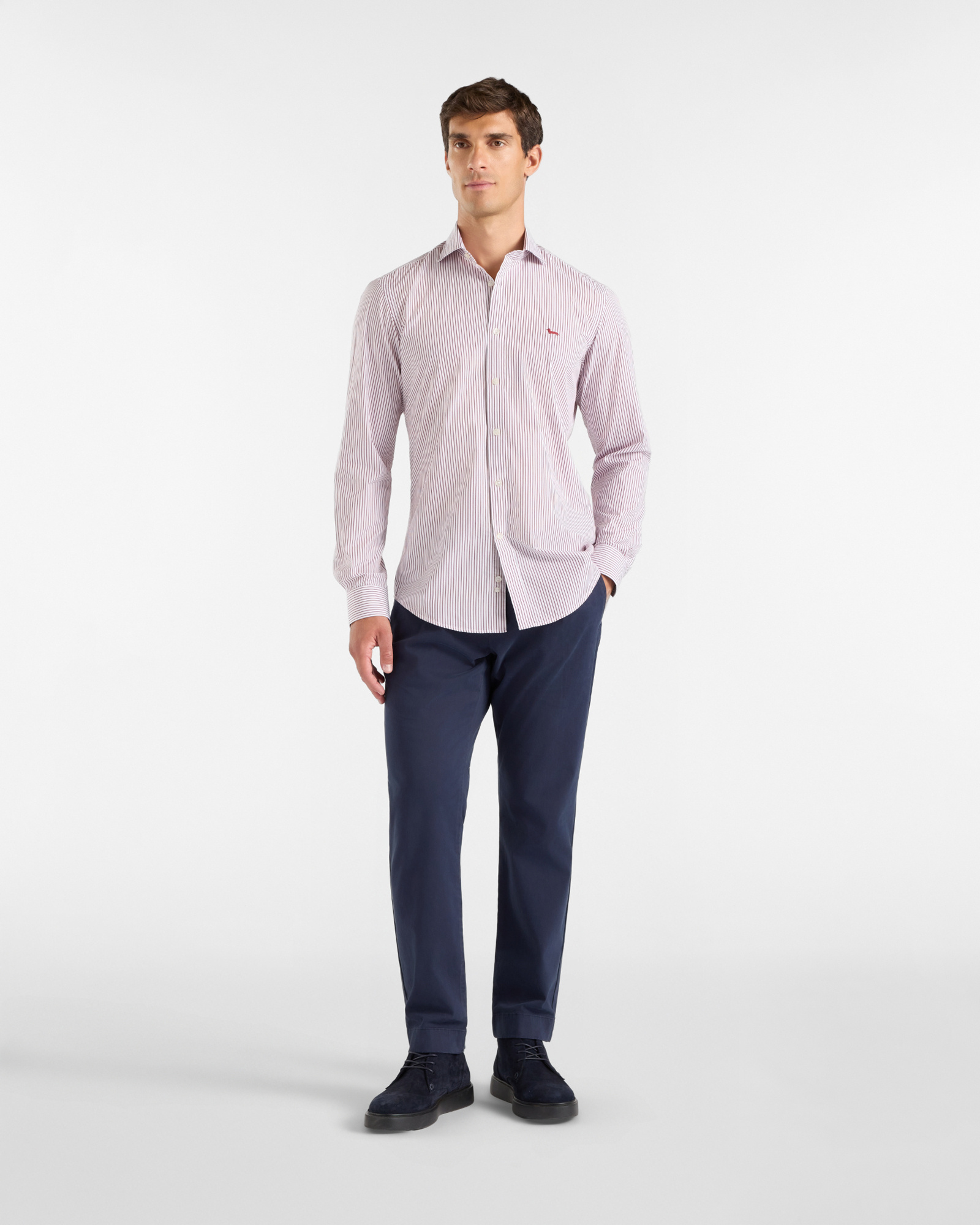 Camicia Uomo a righe su fondo  tinto filo Narrow Fit, ROSSO, large