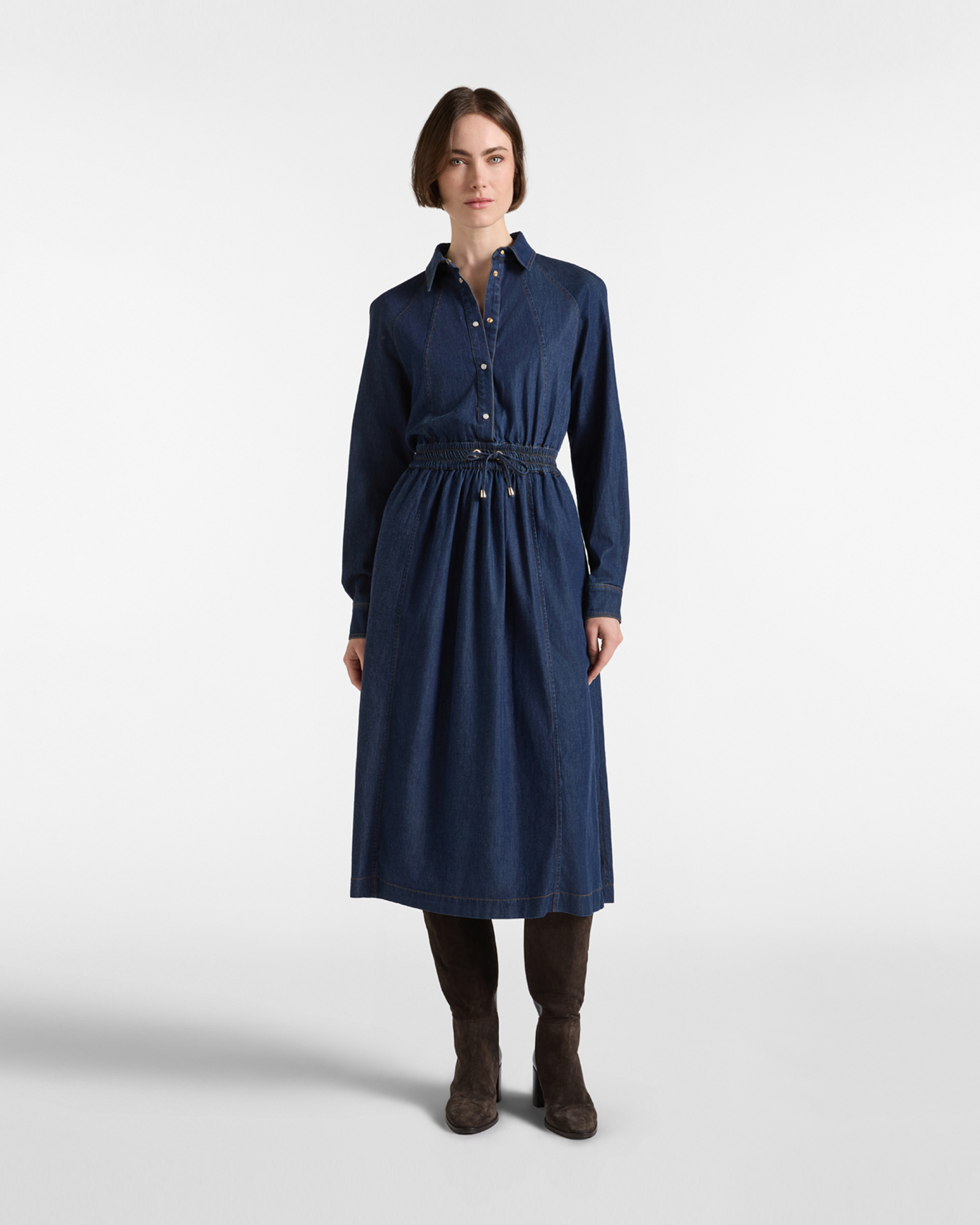Abito Chemisier Midi Donna in Denim Blu con Punto Vita Arricciato