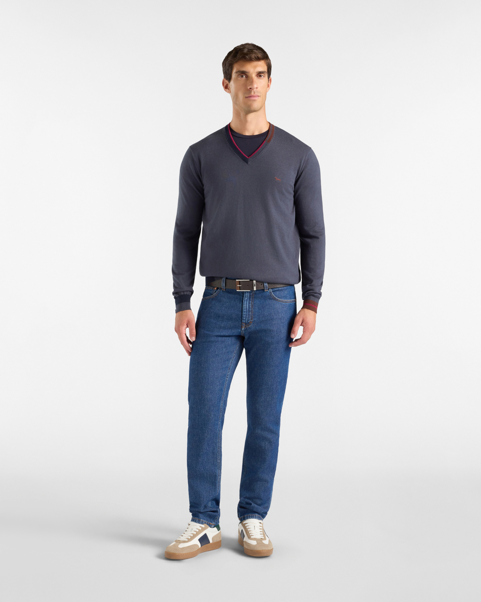 Maglia Uomo con scollo a V in misto lana e cotone Regular Fit, GRIGIO, large