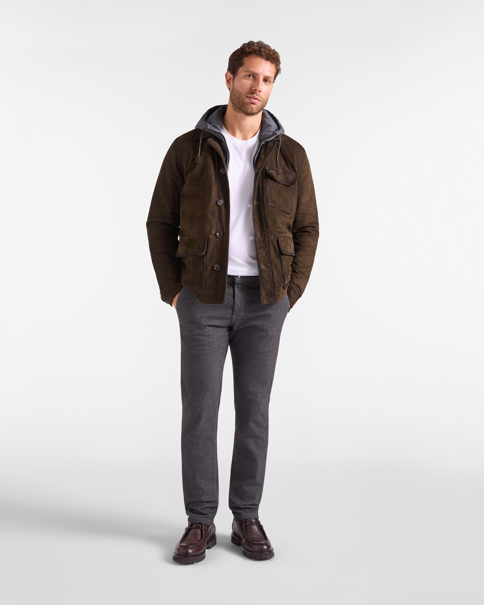 Capospalla Uomo in pelle scamosciata con giubbino interno in nylon, VERDE PETROLIO, large