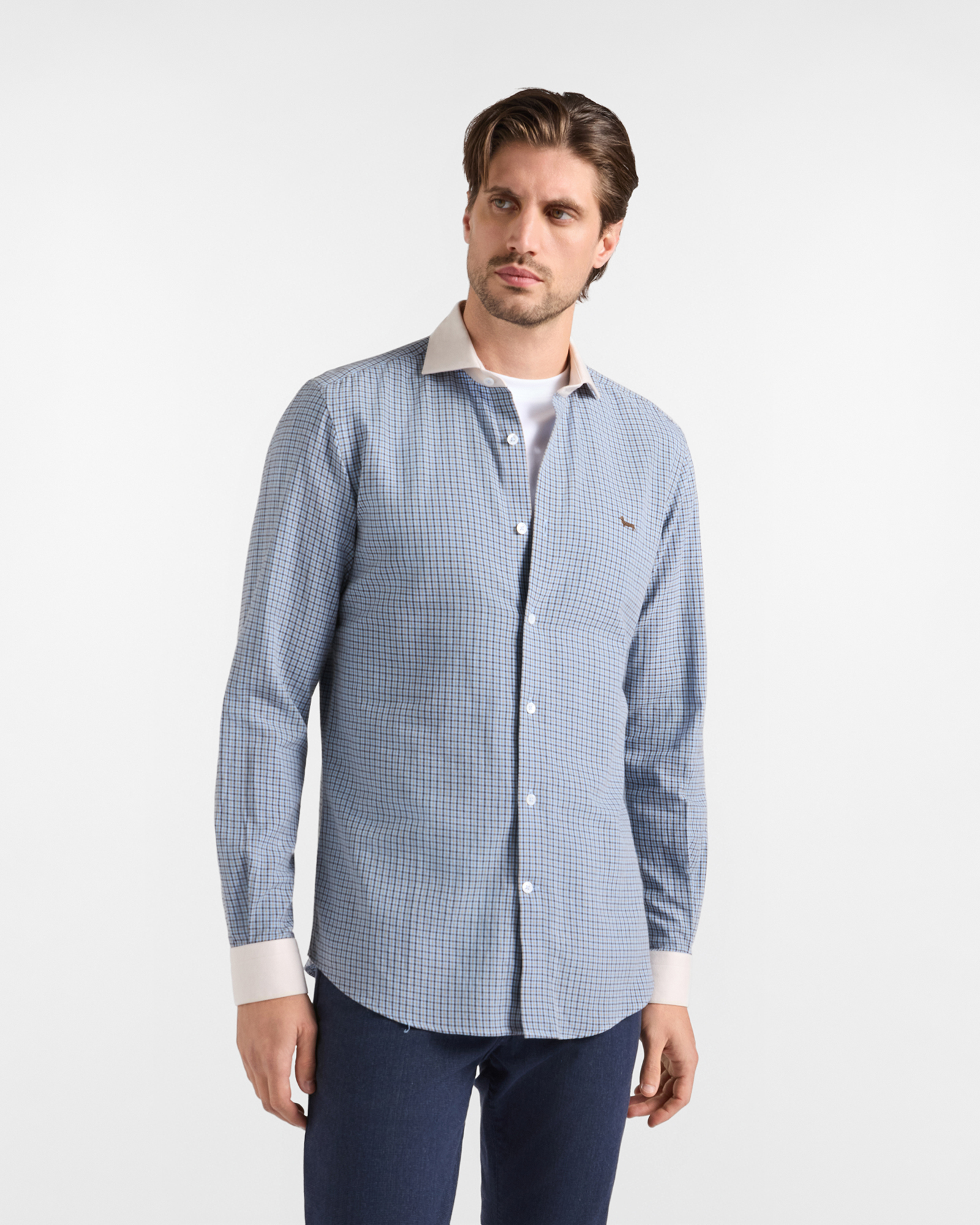 Camicia Harmont & Blaine Uomo Capsule Qualit&agrave; a Colori in flanella di cotone micro check azzurro