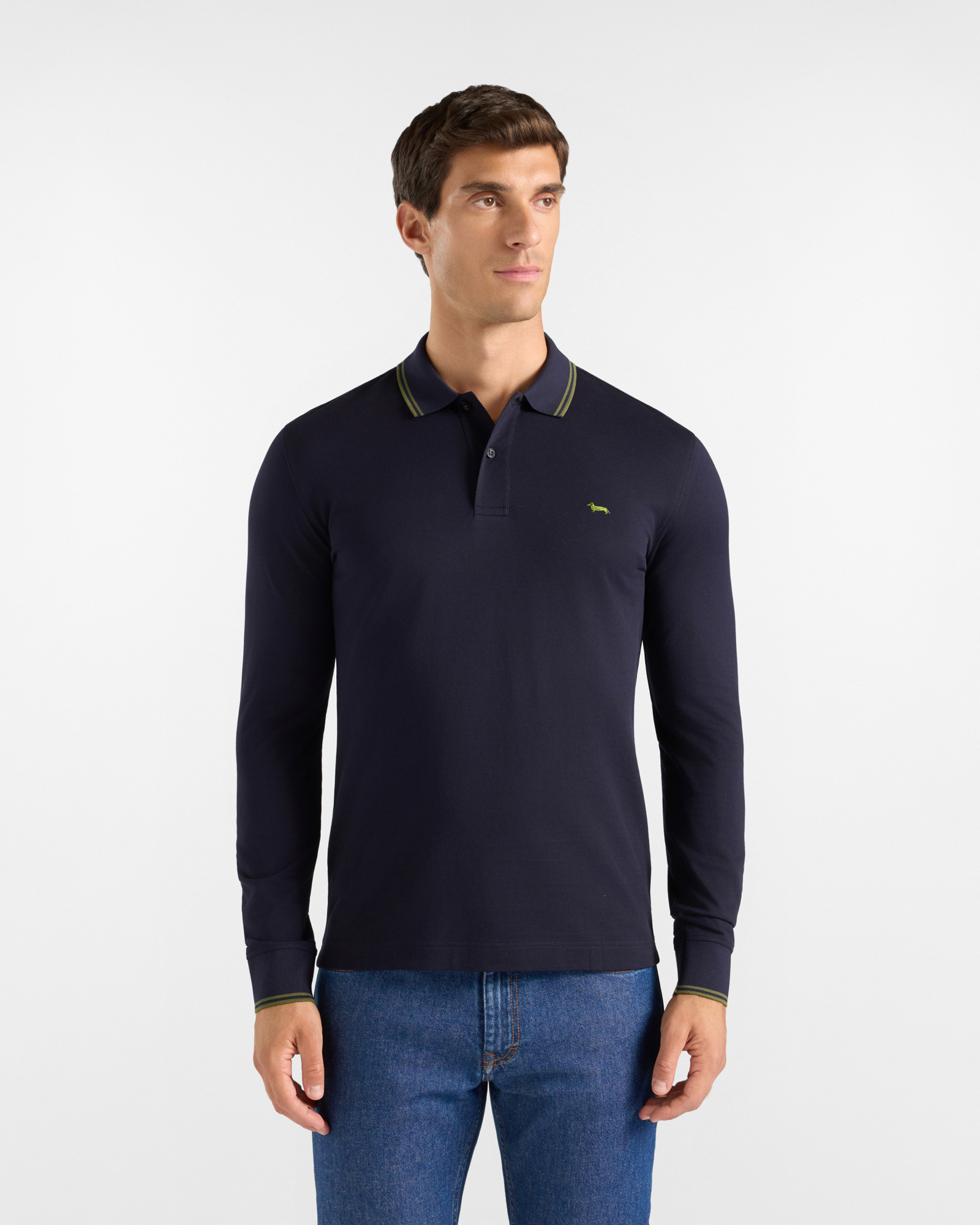 Polo da uomo manica lunga in piquet di 100% puro cotone blu