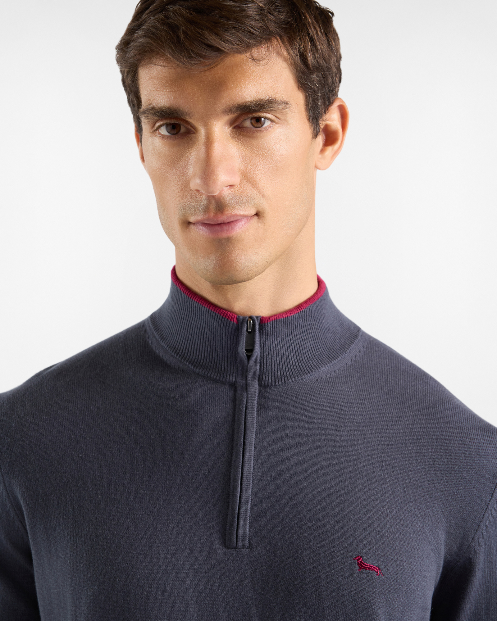 Maglia Uomo con collo alto half zip in misto lana e cotone Regular Fit, GRIGIO, large