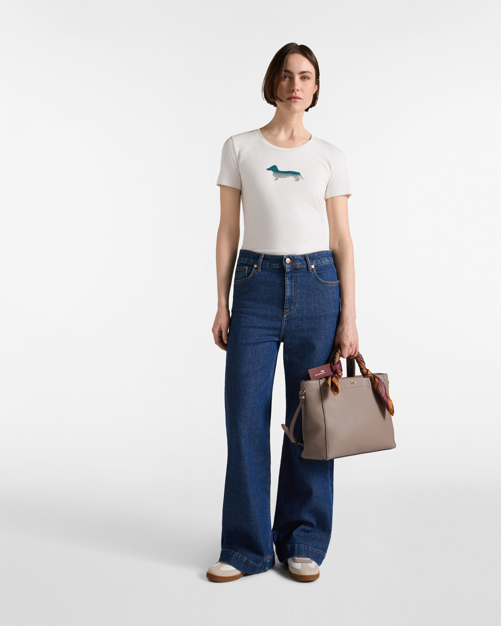 T-shirt Donna in cotone stretch  con Maxi Bassotto Glitter, BIANCO, large