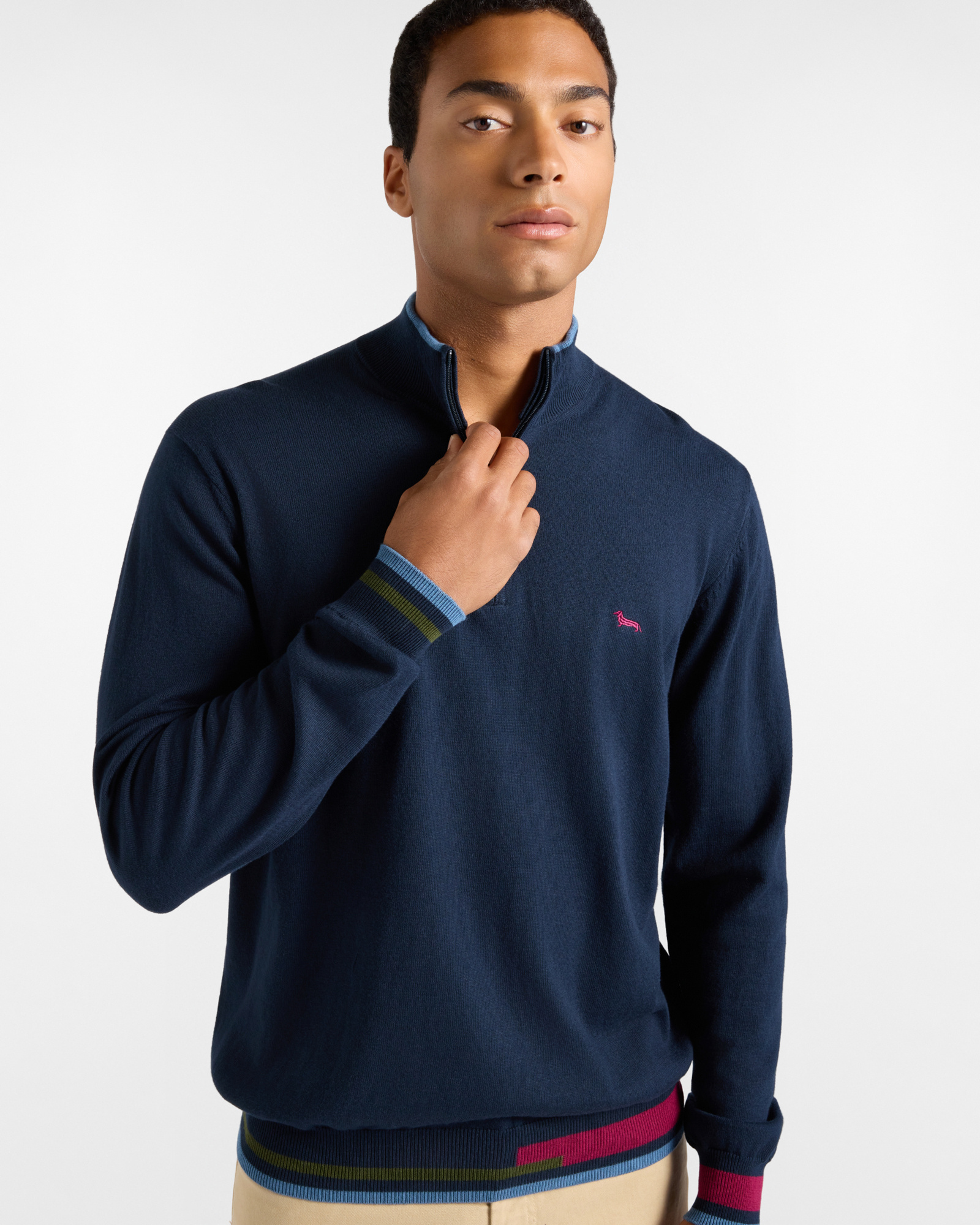 Maglia Uomo con collo alto half zip in misto lana e cotone Regular Fit, BLU NAVY, large