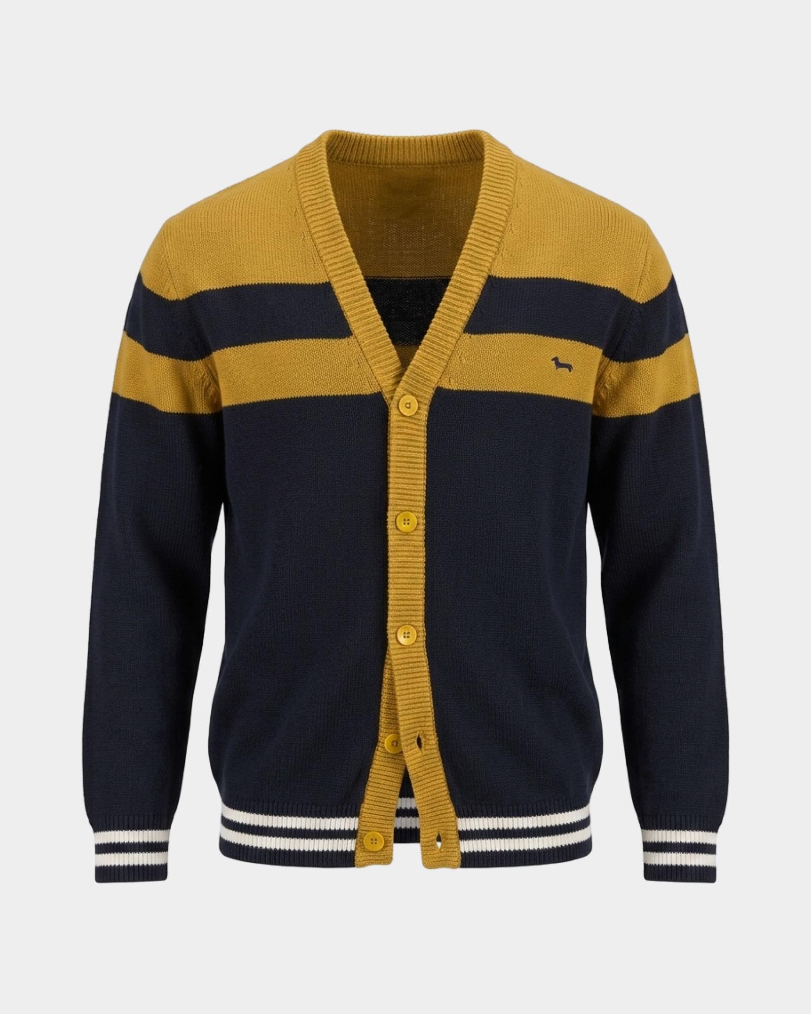 Cardigan Uomo con scollo a V cardigan in misto lana e cotone Regular Fit Made in Italy, NERO-GIALLO, large