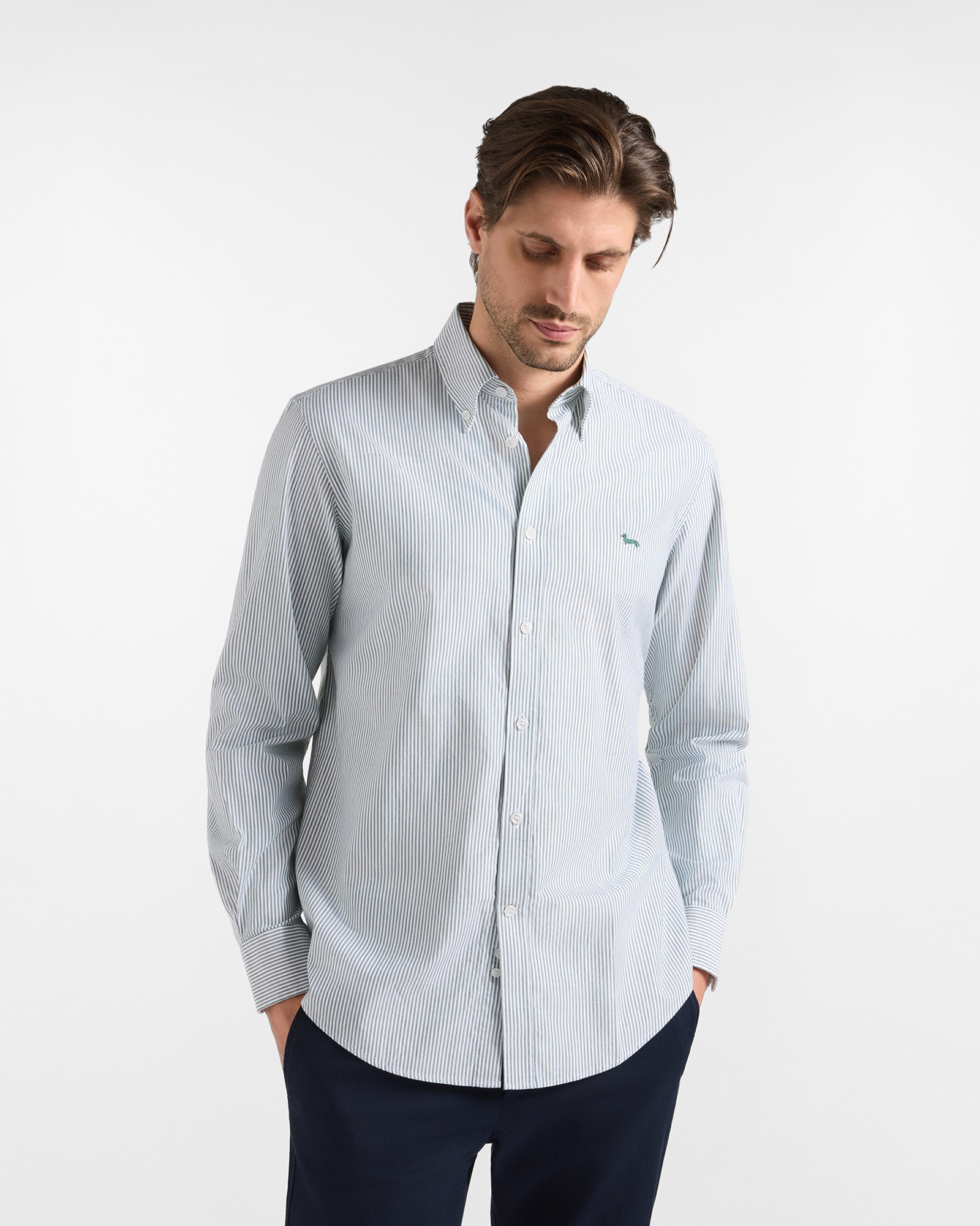 Camicia Uomo riga oxford tinto filo Regular Fit, VERDE BOTTIGLIA, large