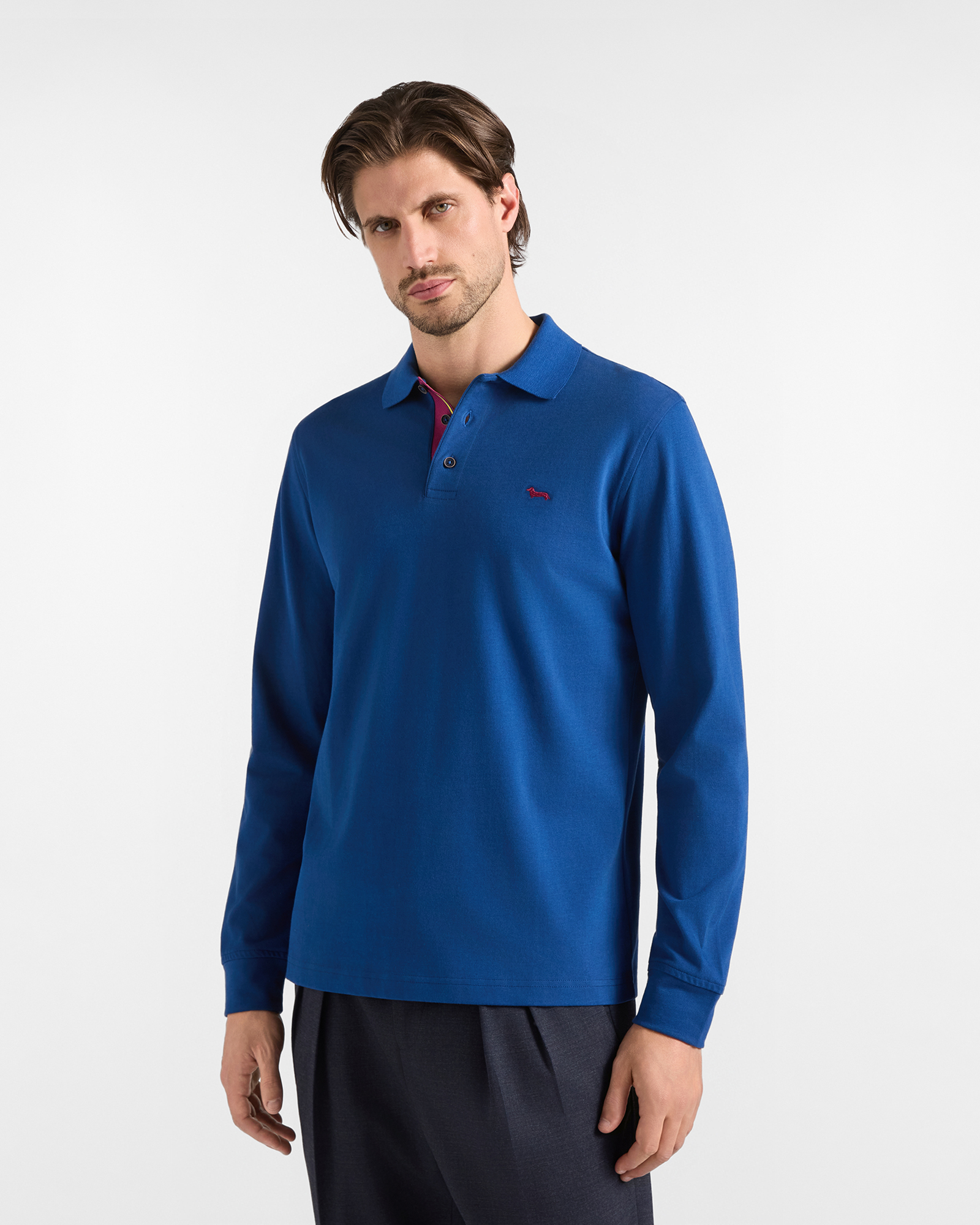 Polo da uomo manica lunga in jersey brushed di 100% puro cotone blu