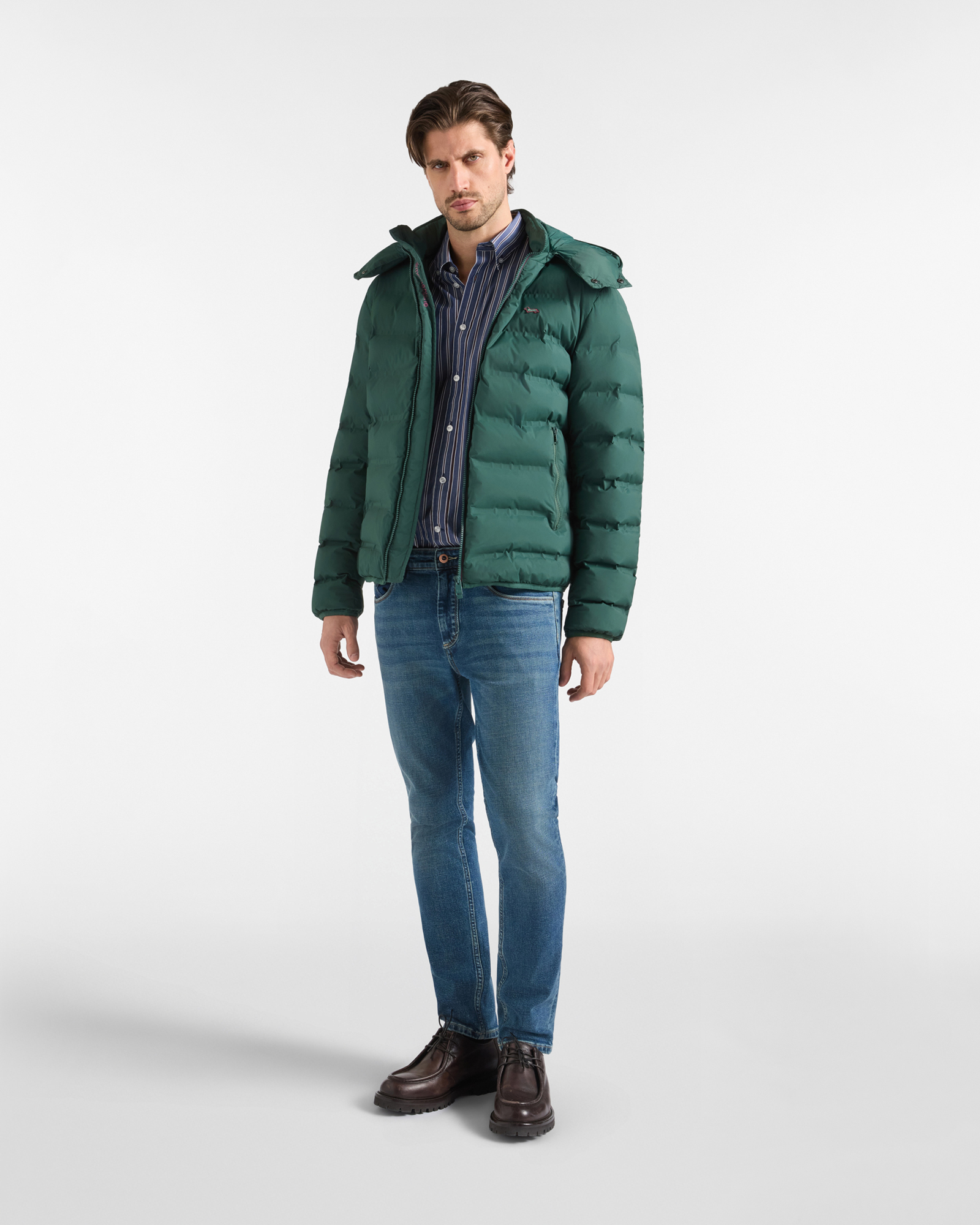 Bomber Uomo Imbottito in Nylon Tecnico Stretch, VERDE BOTTIGLIA, large