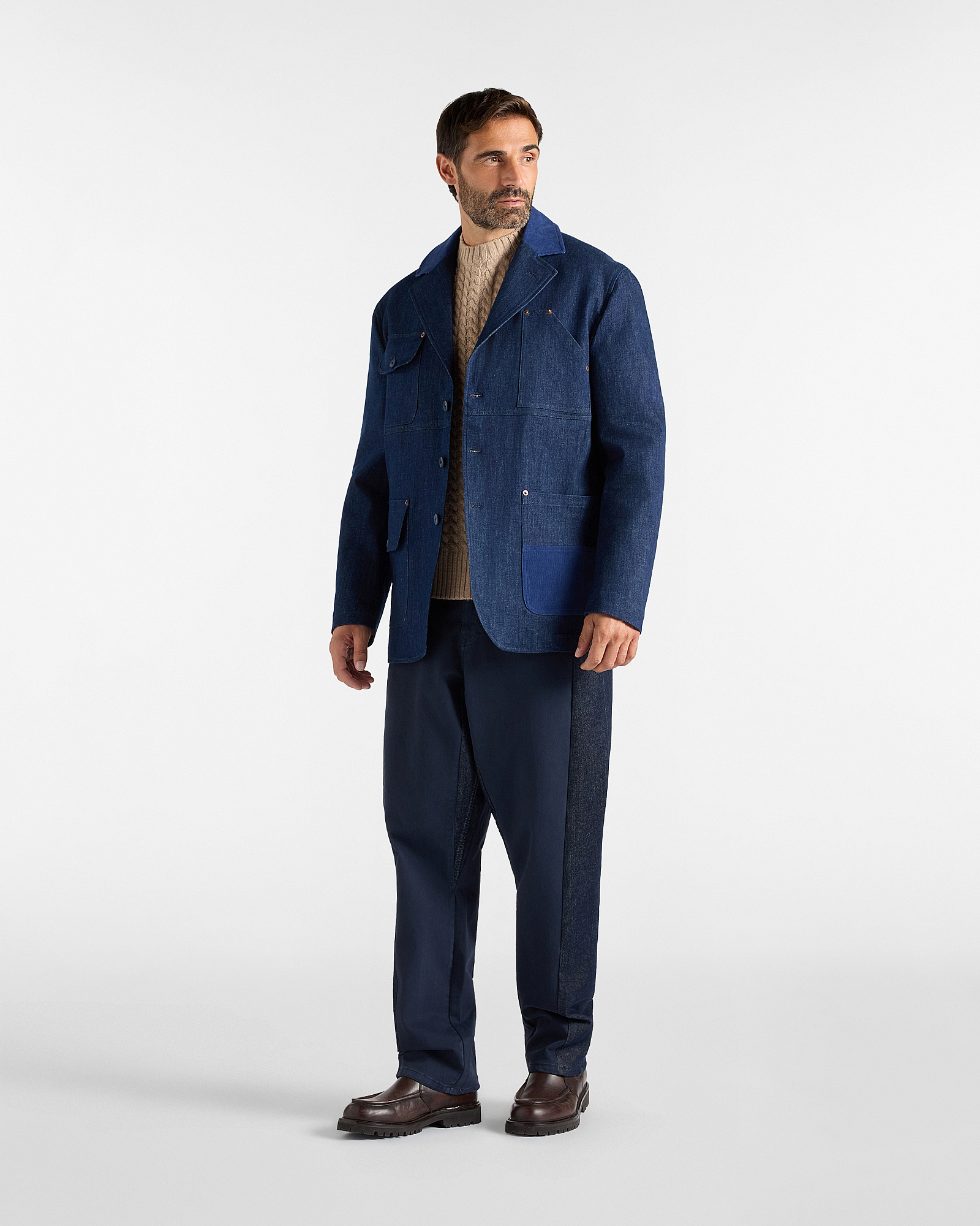 Giacca Uomo Re-Loved in Denim di Cotone Stretch con Dettagli in Velluto Made in Italy, BLU DENIM, large
