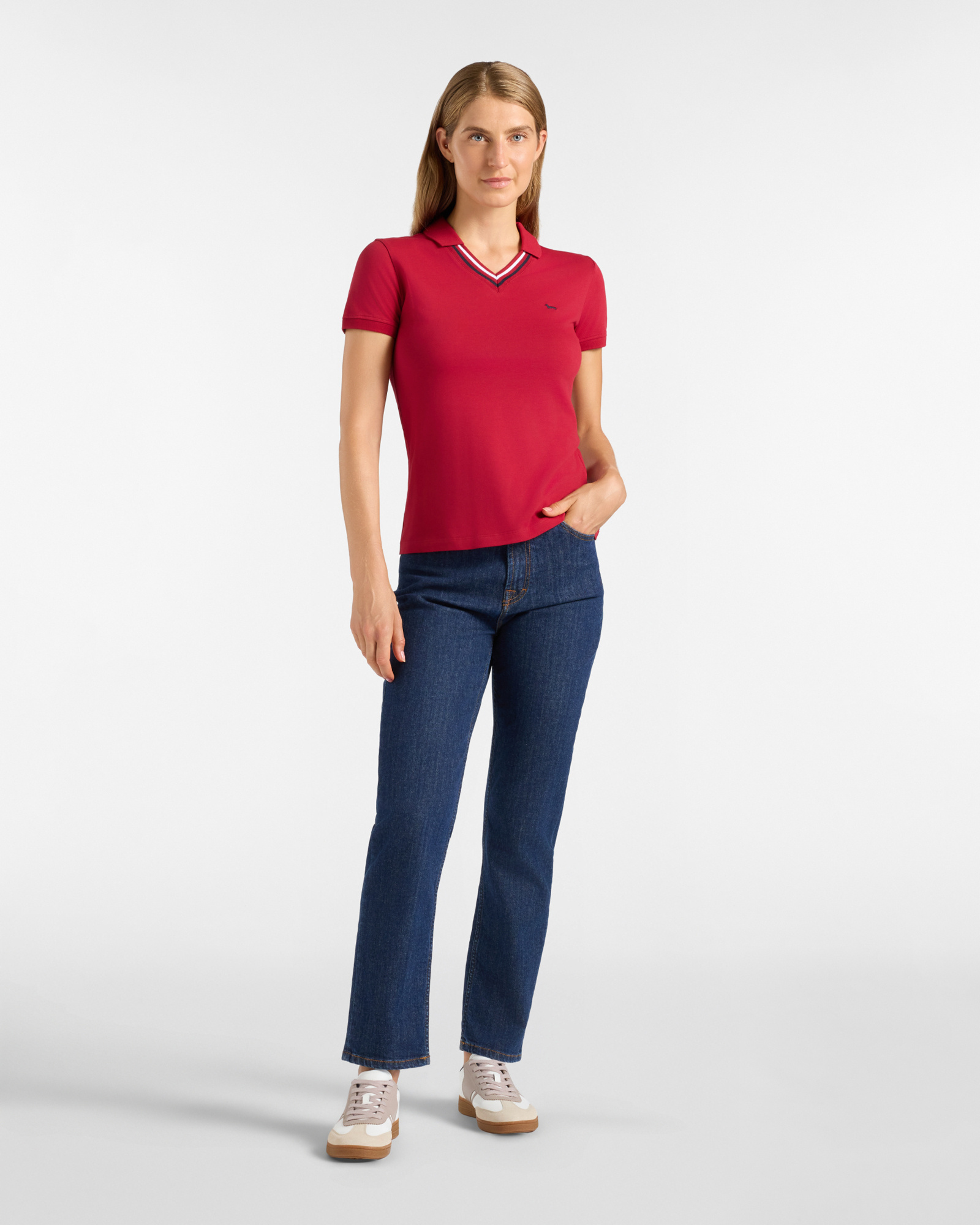 Polo da donna manica corta in cotone stretch, ROSSO, large