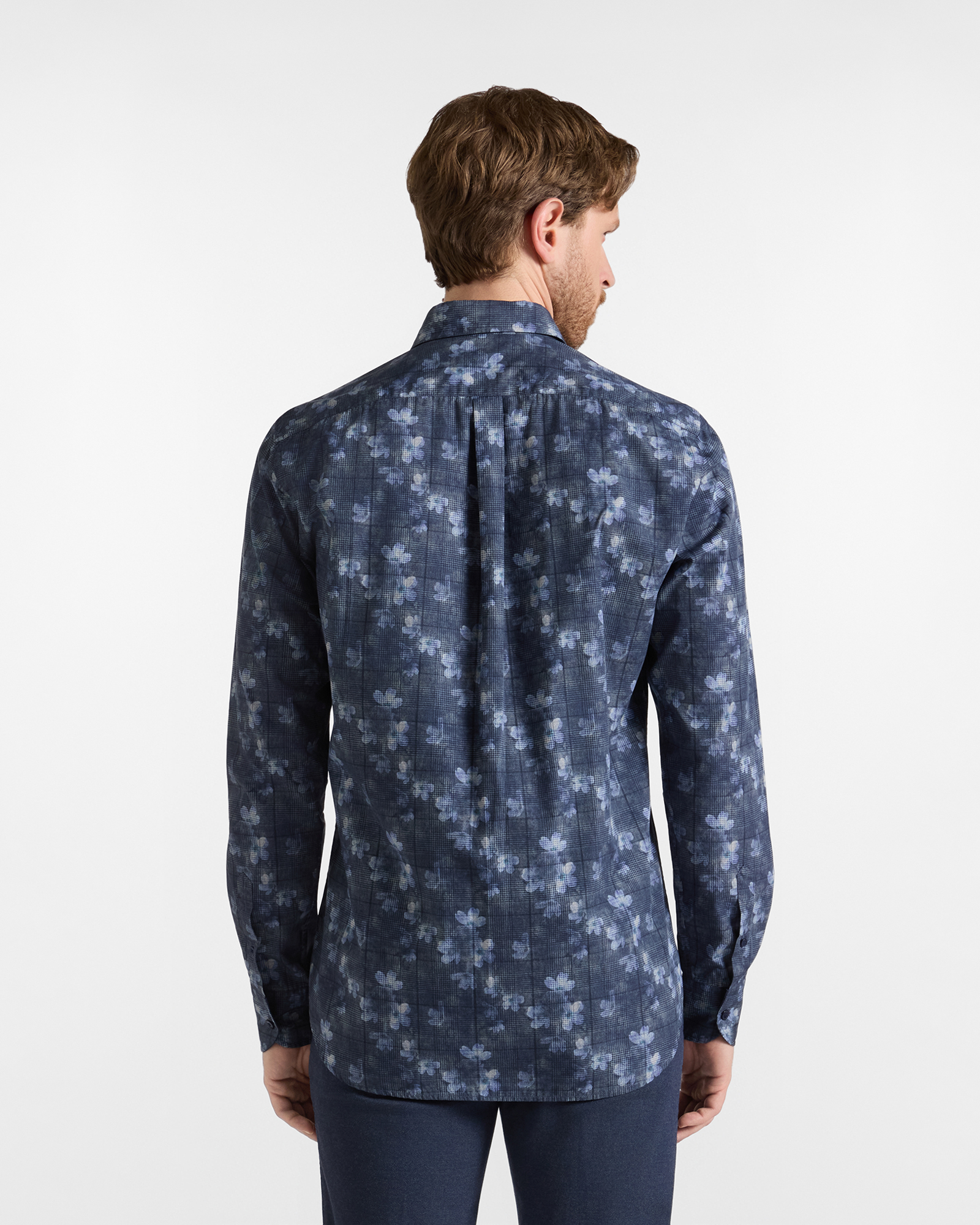 Camicia Uomo popeline stampa Principe di Galles e fiore Regular Fit, BLU NAVY, large