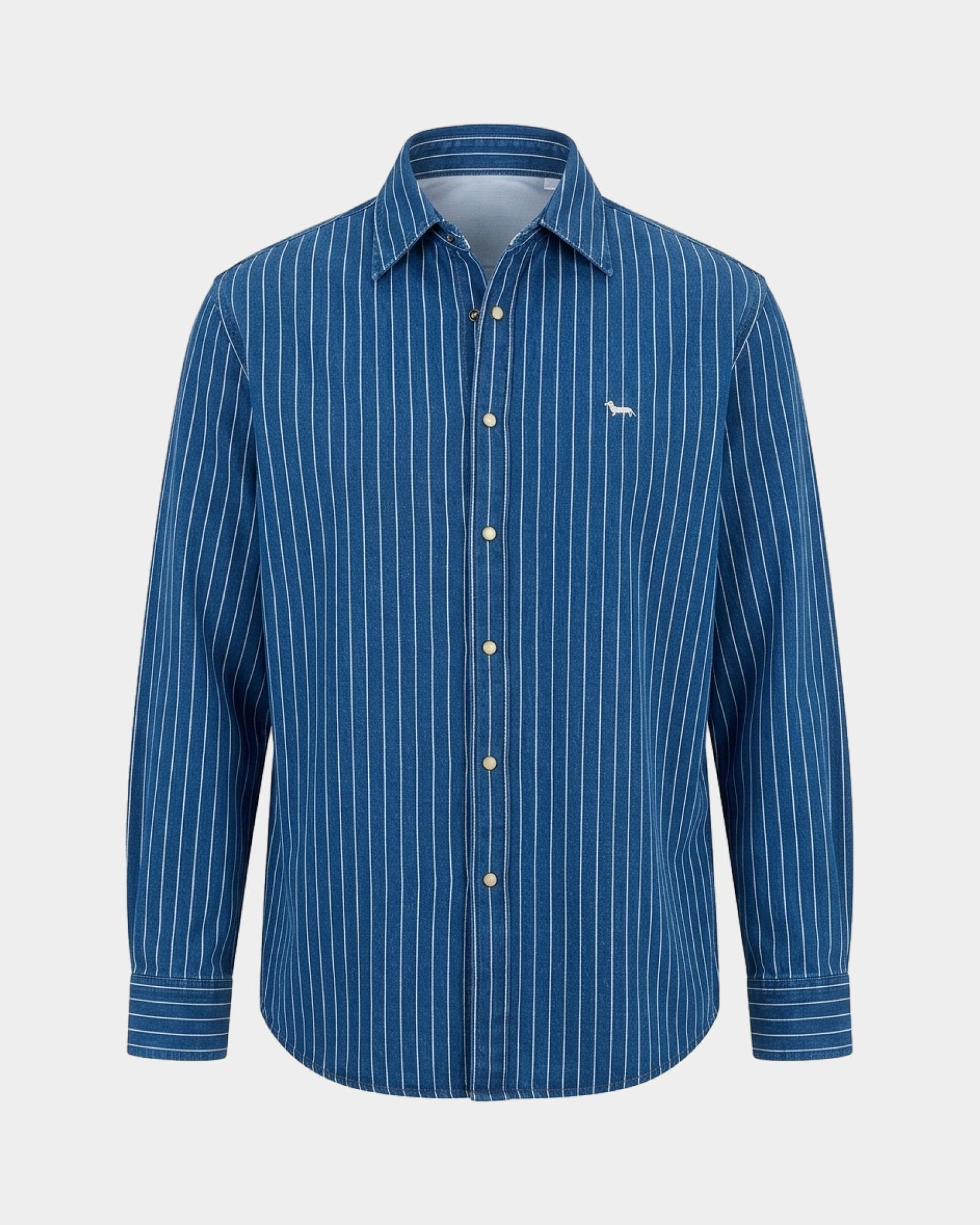 Camicia Uomo in denim con righe sottili Classic Fit, BLU DENIM, large