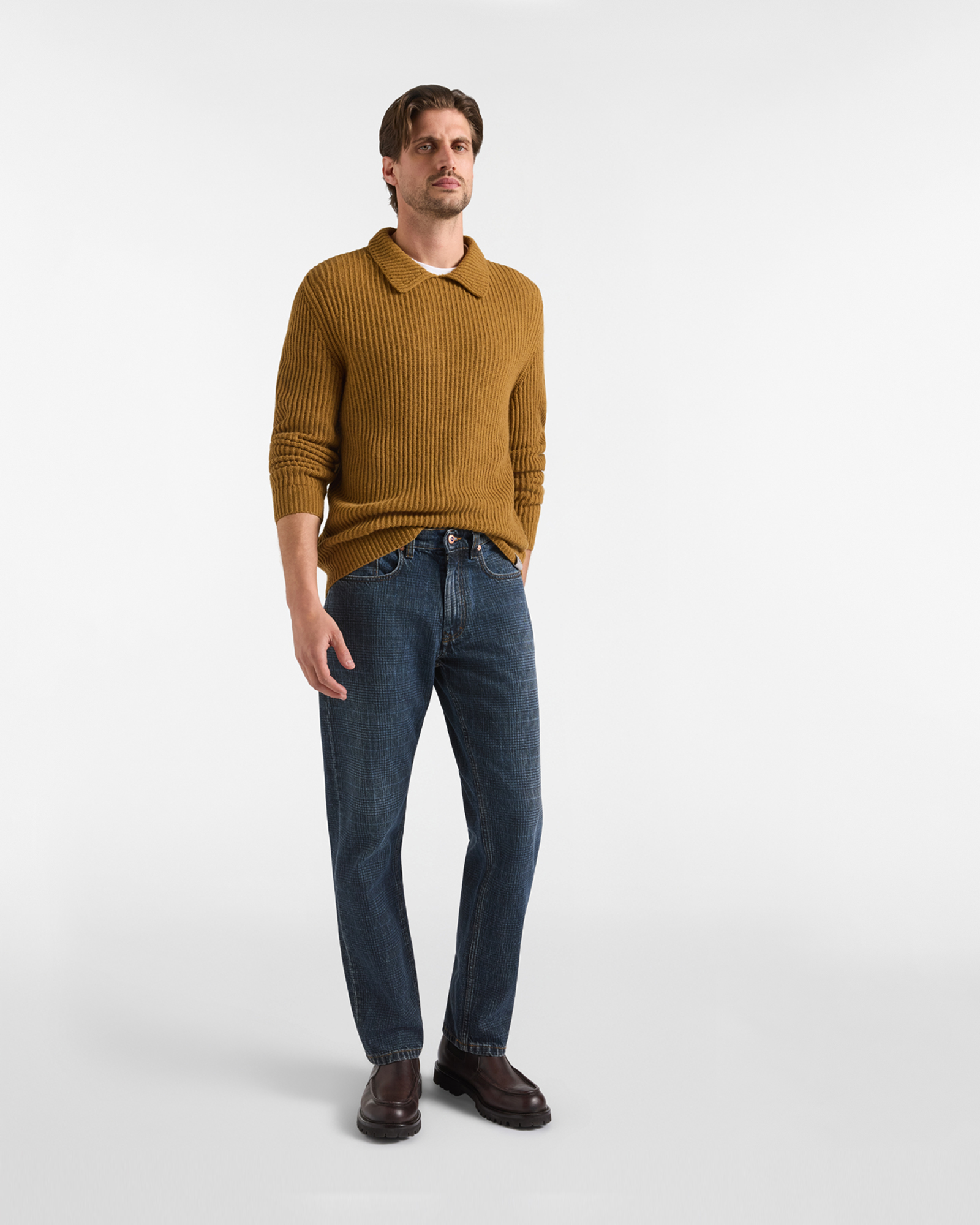 Pullover Uomo con colletto polo abbottonato in misto lana Regular Fit Made in Italy, MARRONE SCURO, large