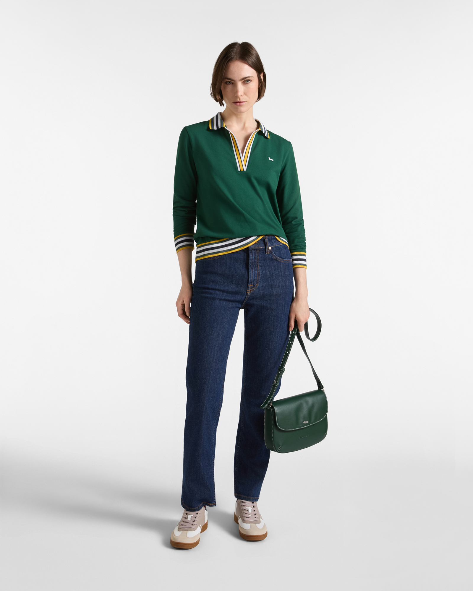Polo da donna manica lunga con scollo a V in cotone stretch, VERDE, large