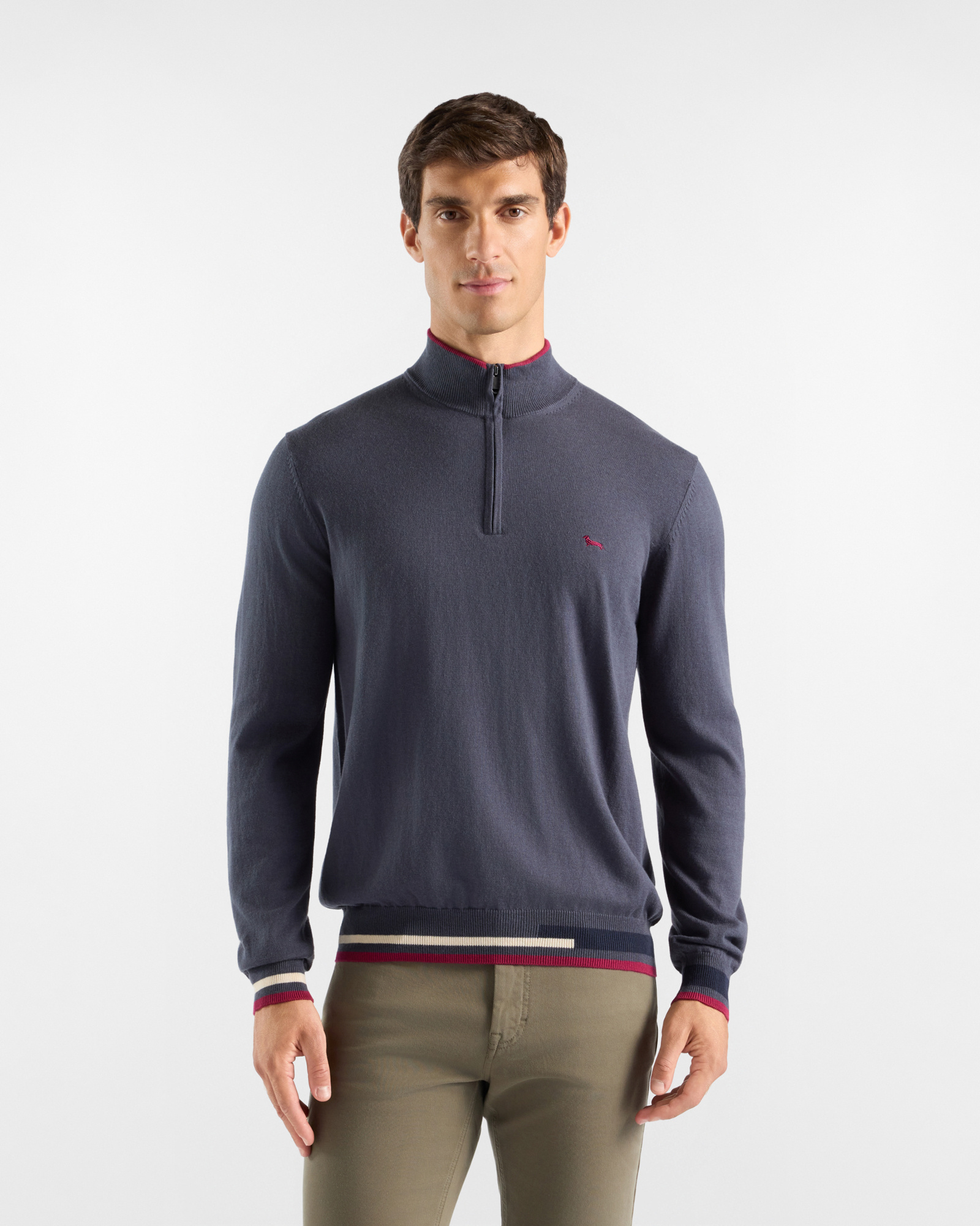 Maglia Uomo con collo alto half zip in misto lana e cotone grigio Regular Fit