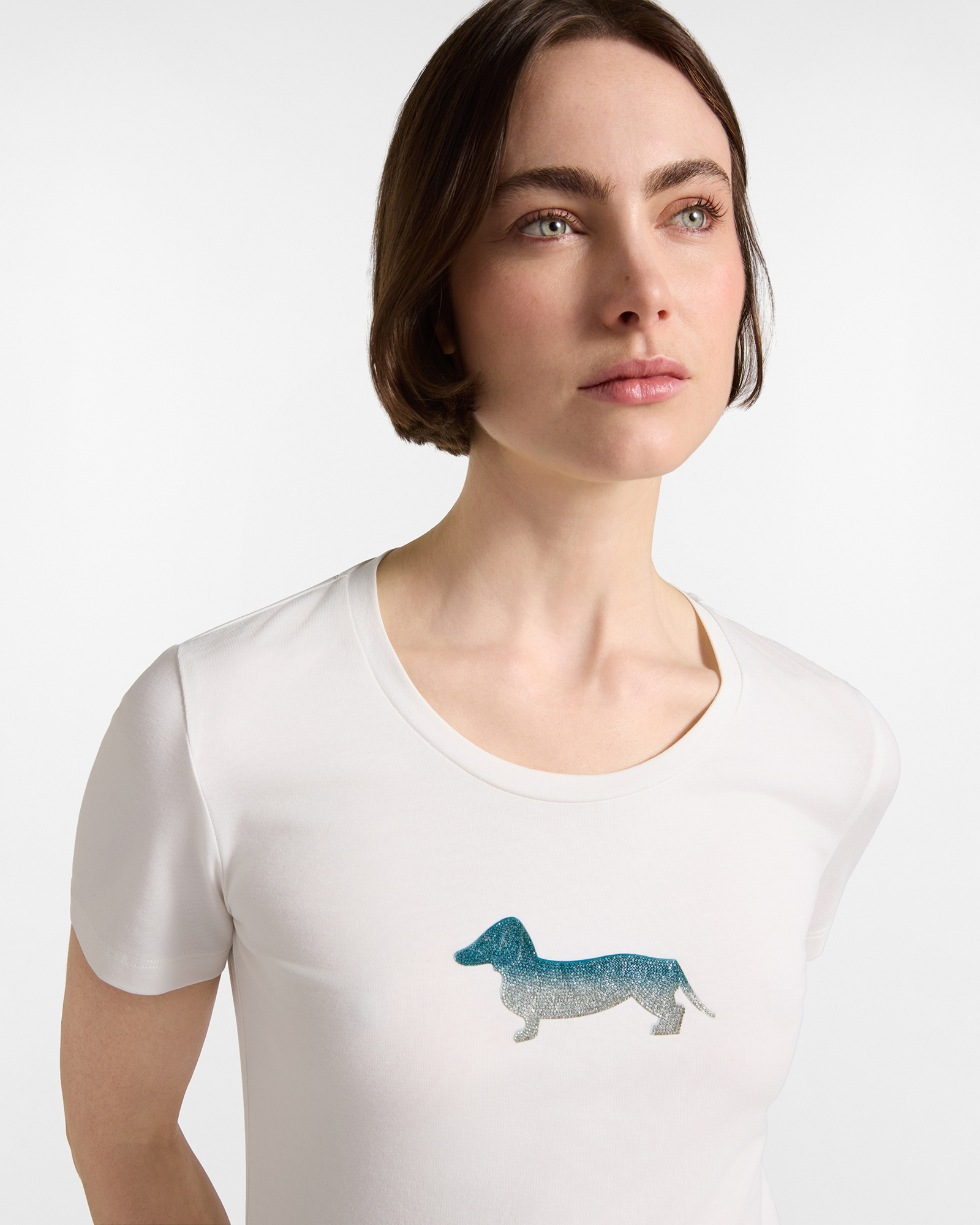 T-shirt Donna in cotone stretch  con Maxi Bassotto Glitter, BIANCO, large