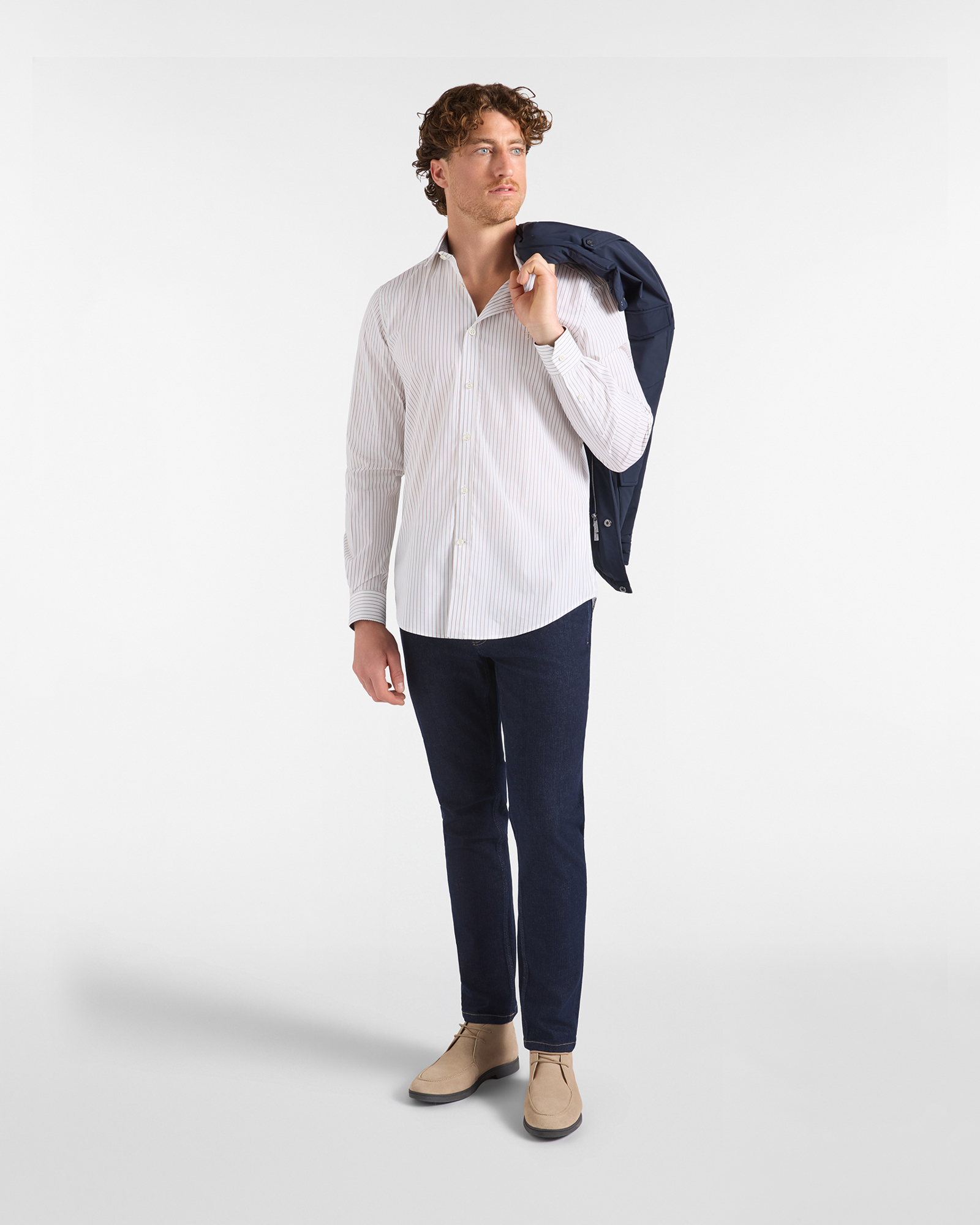 Camicia HBJ Uomo a righe Narrow Fit in cotone stretch, BEIGE, large