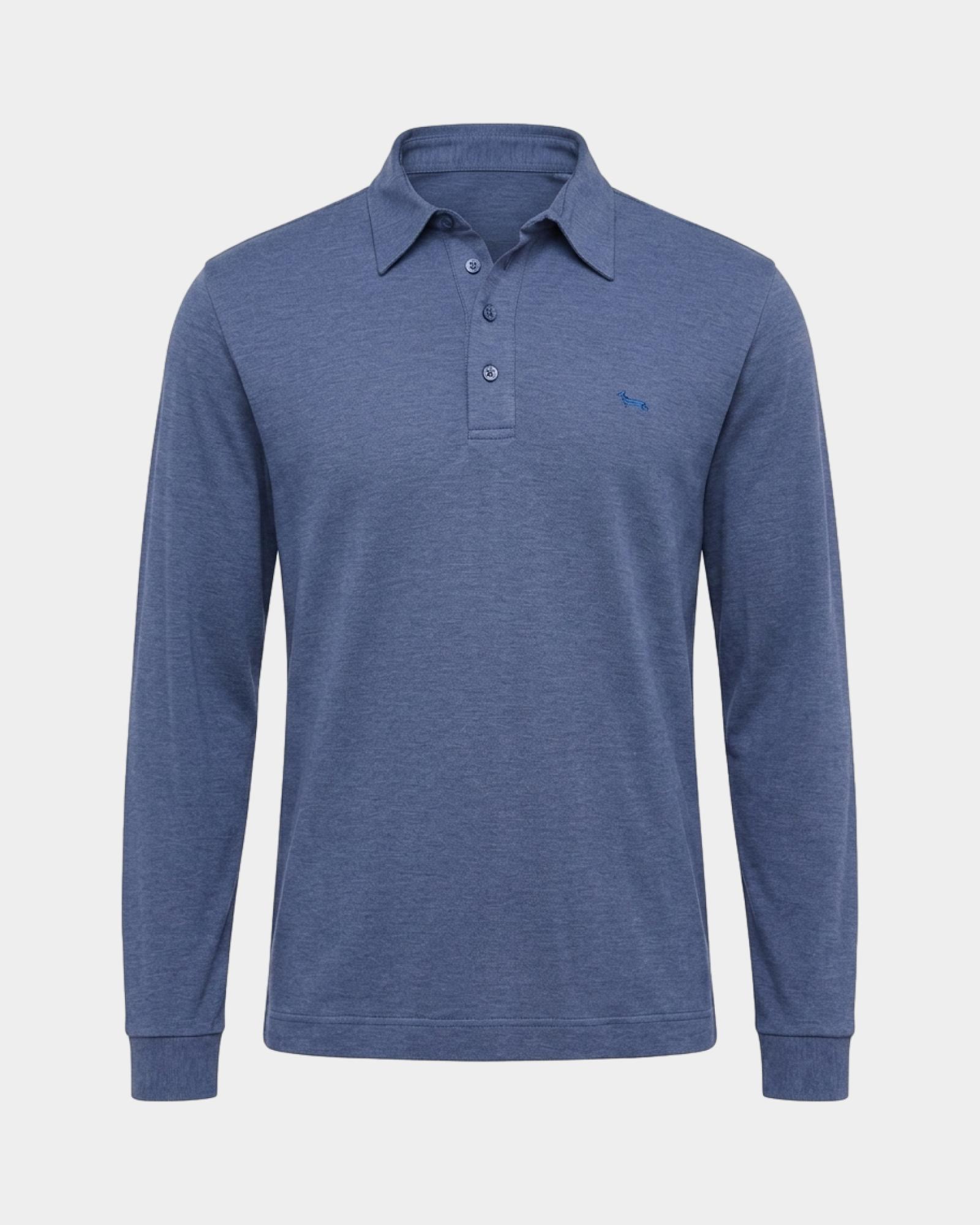 Polo da uomo manica lunga in piquet di misto cotone e Lyocell, AZZURRO, large