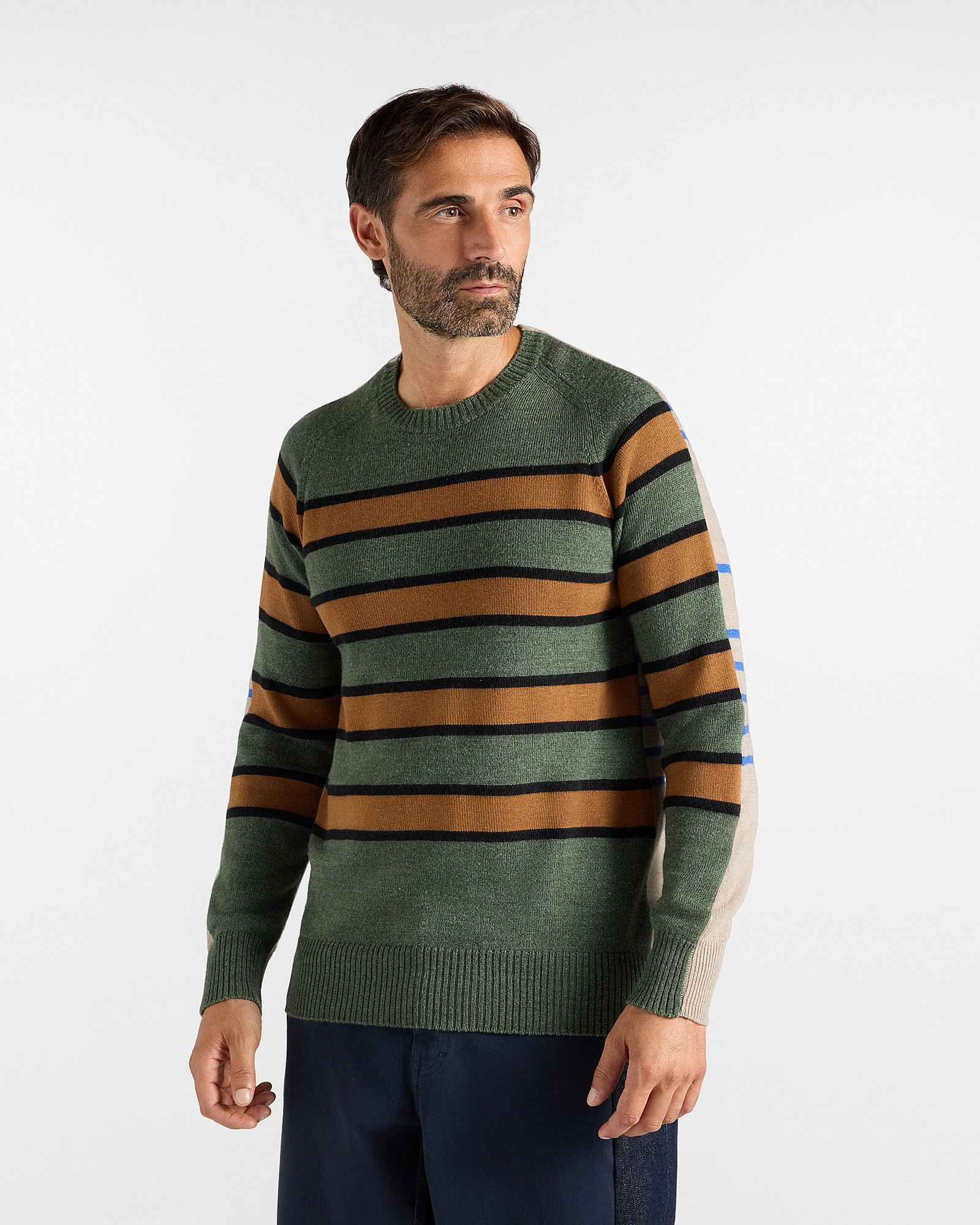 Maglia Uomo multi-riga in misto lana e viscosa verde bottiglia Made in Italy