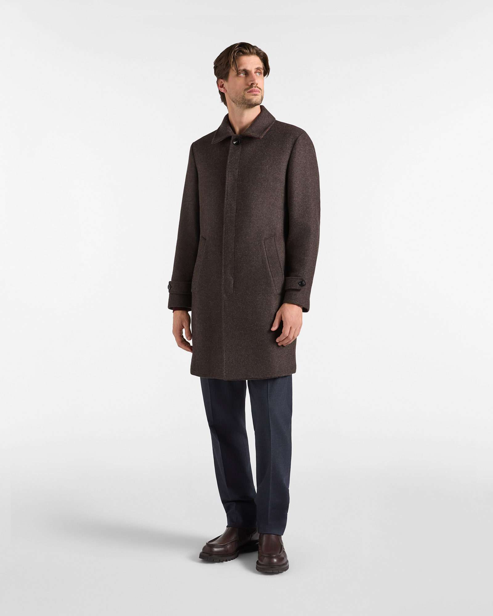 Cappotto Uomo in Misto Lana  Marrone Scuro con Dettagli Check Capsule Qualit&agrave; a Colori